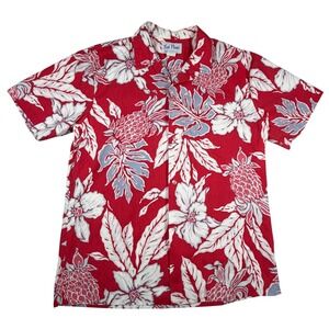 Kai Nani Mens L Red Pineapple Hibiscus 102 Hawaiian Shirt Made in USA Vintage